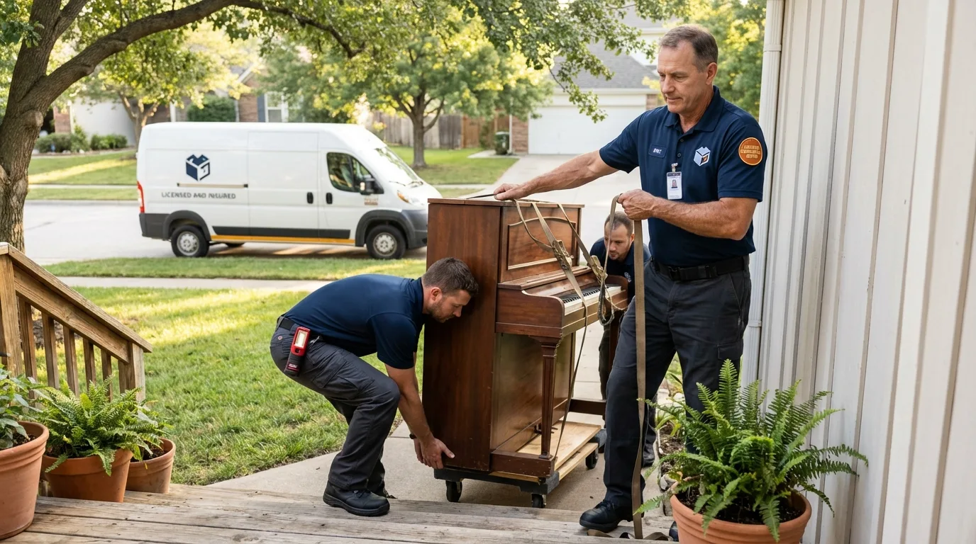 Licensed piano movers securing grand piano in New Oxford, PA