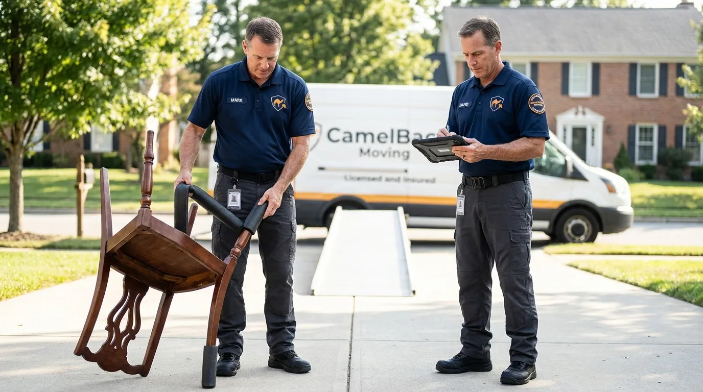 Movers inspecting furniture for damage prevention before loading in New Oxford, PA