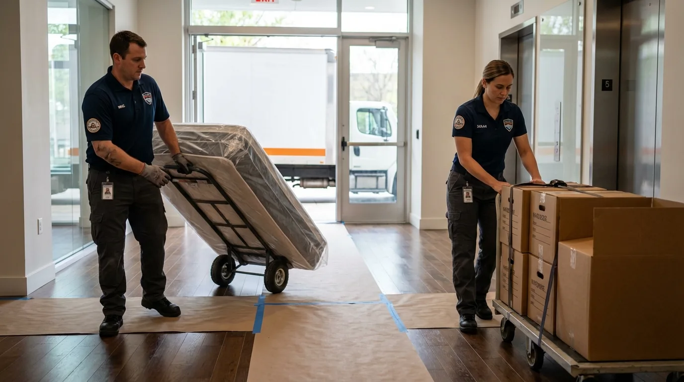 Professional apartment movers loading elevator in New Oxford, PA